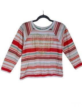 Copper Key Striped Teal Coral Long Sleeve Top Gold Heart Stretch Girl's Size XL
